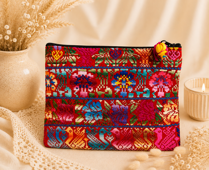 Handwoven Guatemalan Huipil Pouch | Colorful Loving Birds