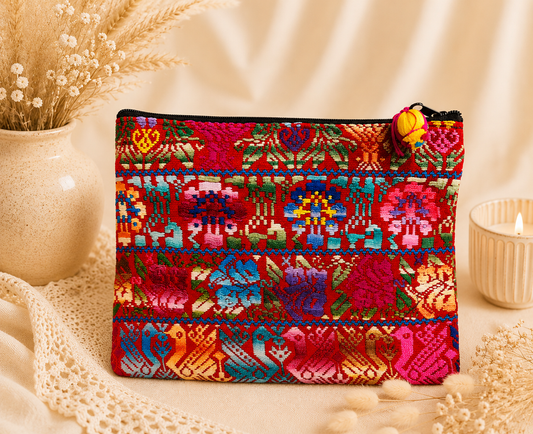 Handwoven Guatemalan Huipil Pouch | Colorful Loving Birds