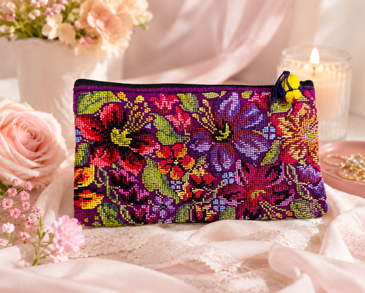 Handcrafted Guatemalan Embroidered Cosmetic Bag | Floral Artisan Clutch