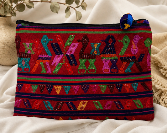 Guatemalan Embroidered Clutch Pouch | Red with Bird Motif