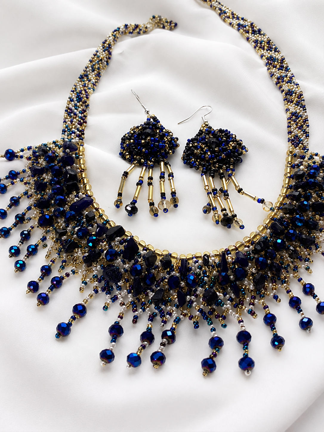 Midnight Blue Artisan Beaded Necklace and Earrings Set