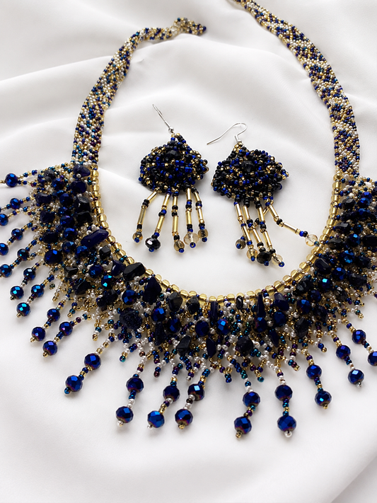 Midnight Blue Artisan Beaded Necklace and Earrings Set