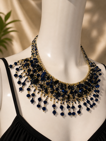 Midnight Blue Artisan Beaded Necklace and Earrings Set