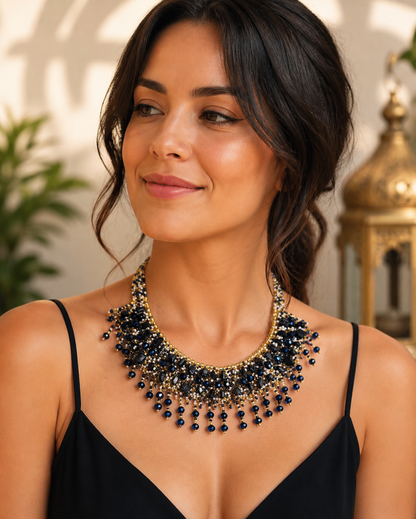 Midnight Blue Artisan Beaded Necklace and Earrings Set