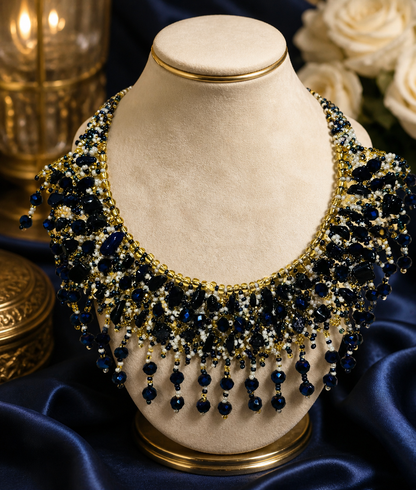 Midnight Blue Artisan Beaded Necklace and Earrings Set
