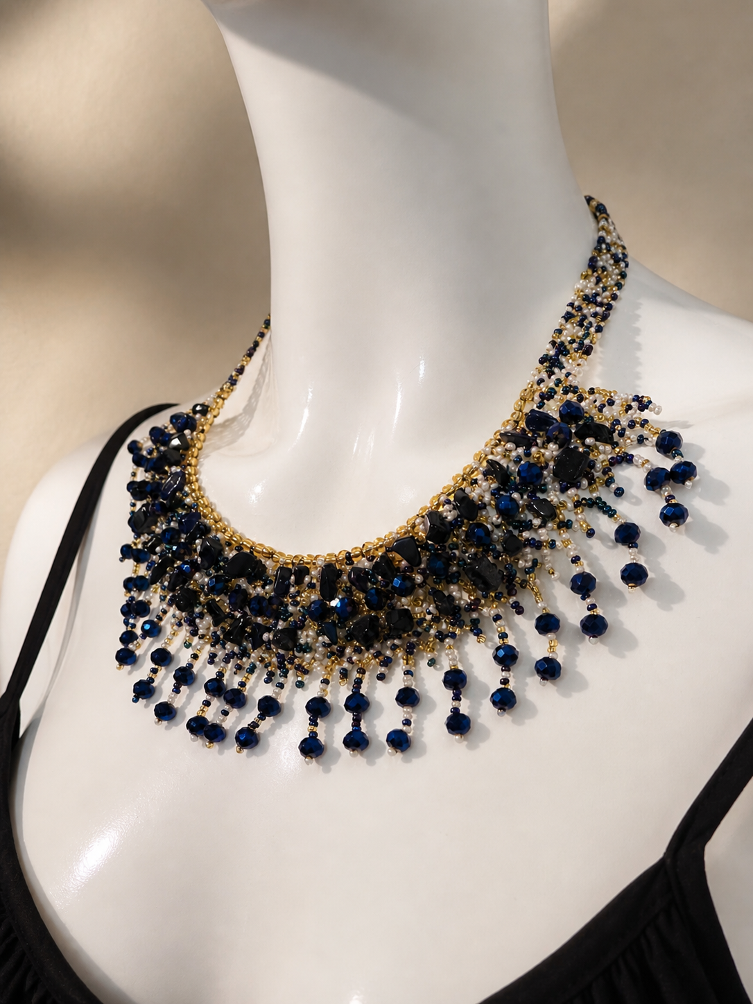 Midnight Blue Artisan Beaded Necklace and Earrings Set