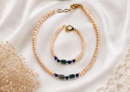 Handcrafted Necklace & Bracelet Set with Green Jade and Blue Beads