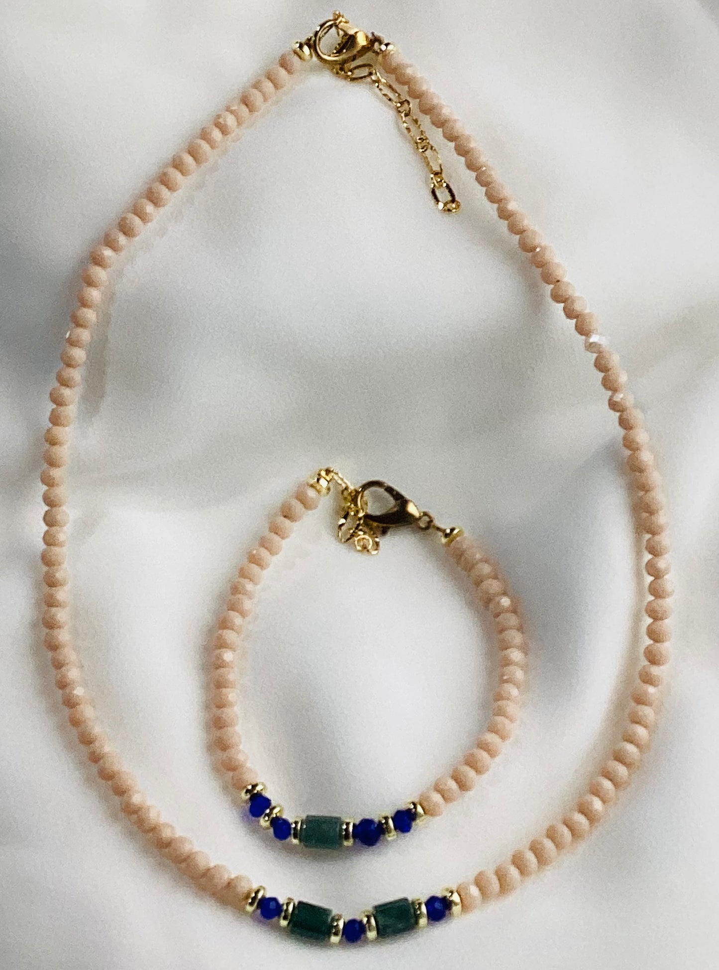 Handcrafted Necklace & Bracelet Set with Green Jade and Blue Beads
