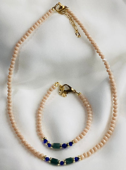 Handcrafted Necklace & Bracelet Set with Green Jade and Blue Beads