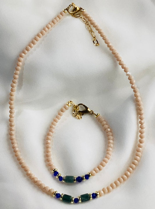 Handcrafted Necklace & Bracelet Set with Green Jade and Blue Beads