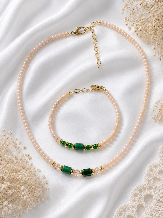 Necklace and Bracelet, Green Jade Beads