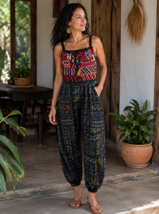 One of a Kind Guatemalan Embroidered Jumpsuit | Handwoven Artisan Boho Luxe Fashion | 100% Cotton