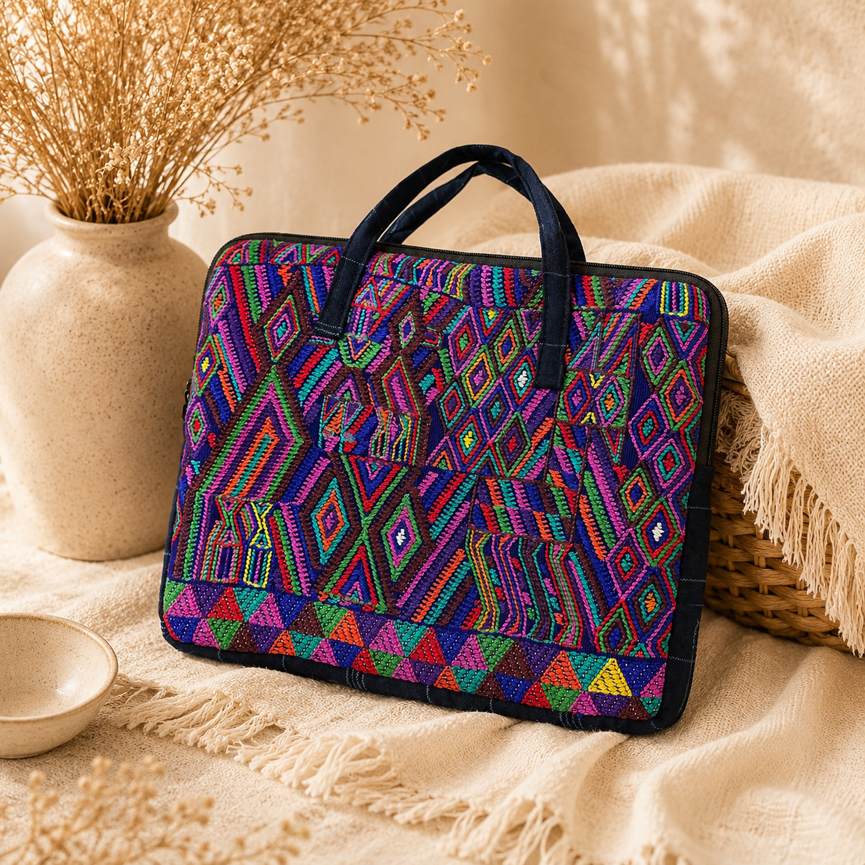Handcrafted Padded Laptop Bag | Guatemalan Textile | Embroidered Design