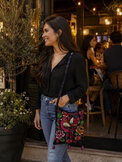 Handwoven Guatemalan Crossbody Bag with Colorful Bird & Floral Embroidery | Artisan Shoulder Bag