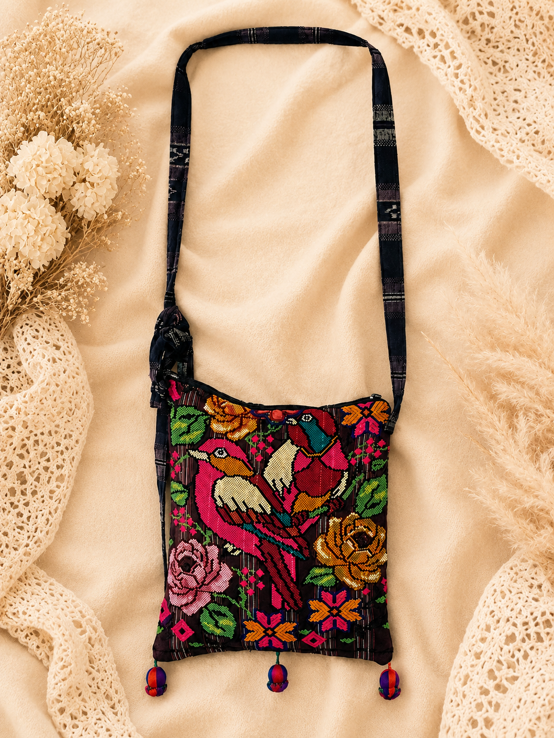 Handwoven Guatemalan Crossbody Bag with Colorful Bird & Floral Embroidery | Artisan Shoulder Bag