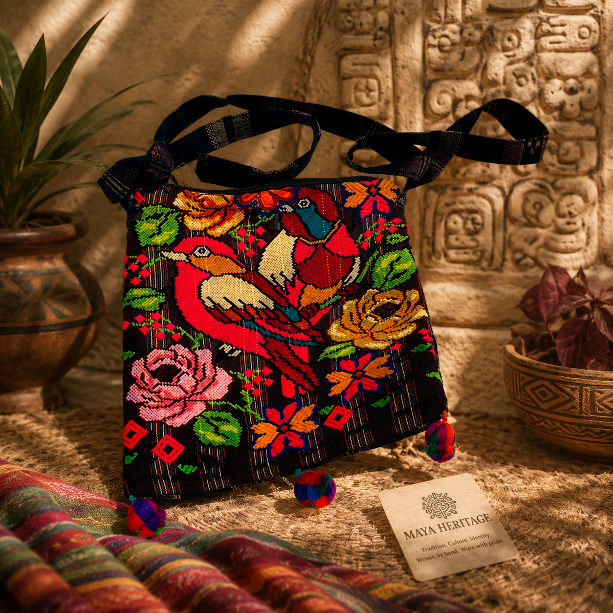 Handwoven Guatemalan Crossbody Bag with Colorful Bird & Floral Embroidery | Artisan Shoulder Bag