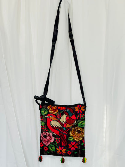 Handwoven Guatemalan Crossbody Bag with Colorful Bird & Floral Embroidery | Artisan Shoulder Bag