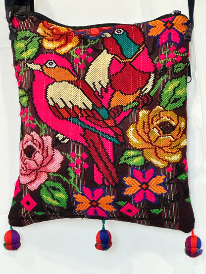 Handwoven Guatemalan Crossbody Bag with Colorful Bird & Floral Embroidery | Artisan Shoulder Bag