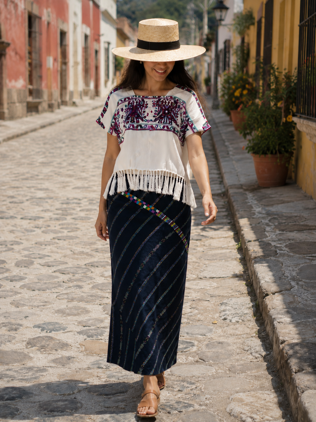 Handwoven Guatemalan Maxi Skirt | Navy with Multicolor Maya Accents