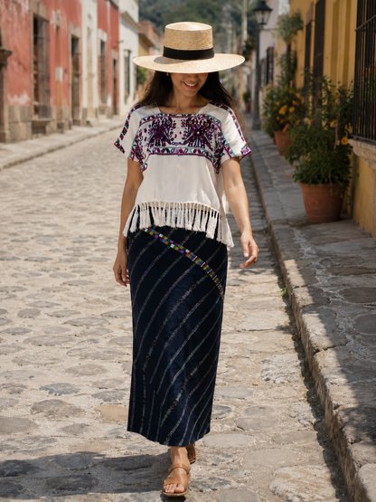 Handwoven Guatemalan Maxi Skirt | Navy with Multicolor Maya Accents