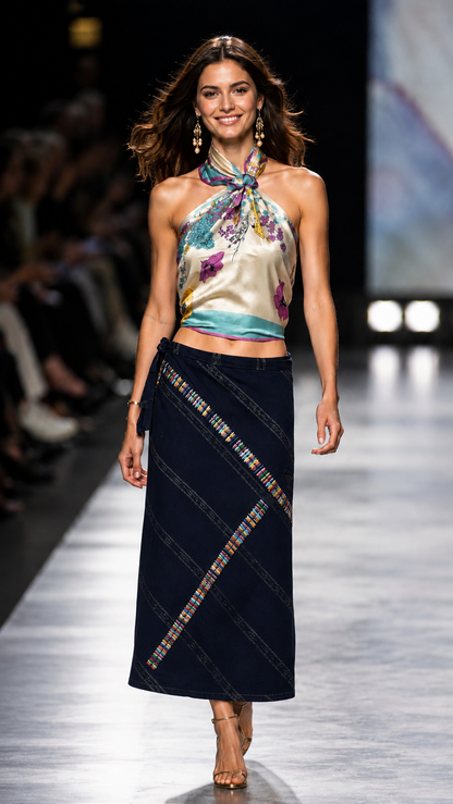 Handwoven Guatemalan Wrap Skirt | Navy Blue with Multicolor Embroidery