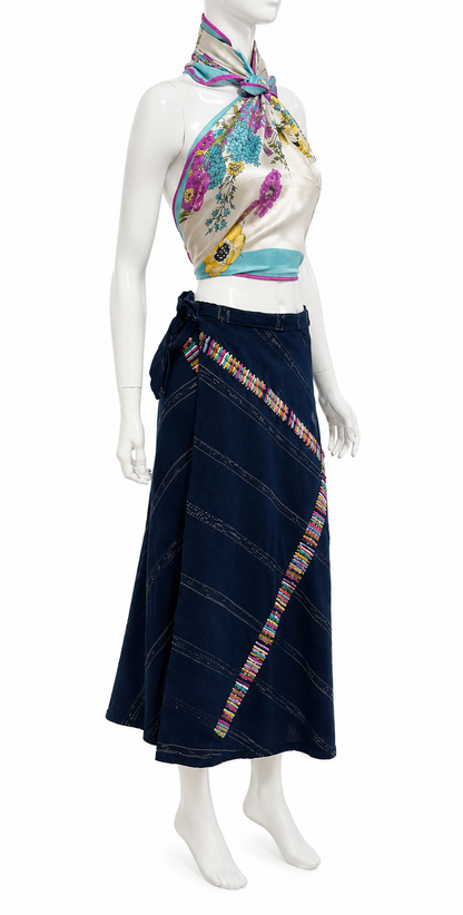 Handwoven Guatemalan Wrap Skirt | Navy Blue with Multicolor Embroidery