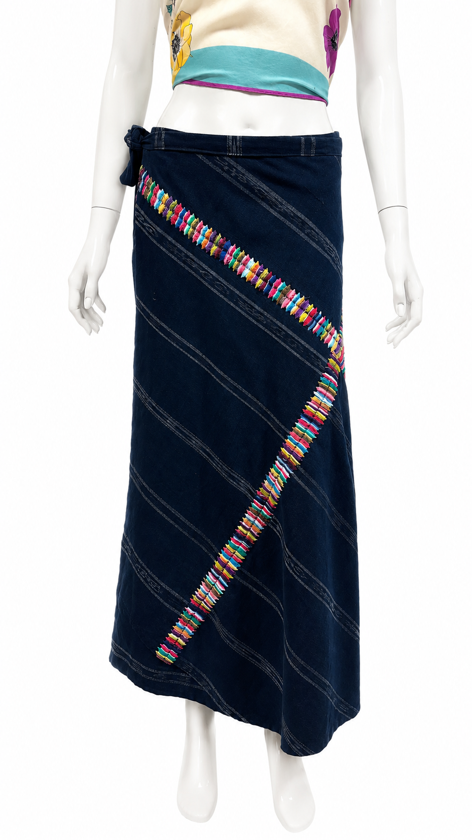 Handwoven Guatemalan Wrap Skirt | Navy Blue with Multicolor Embroidery