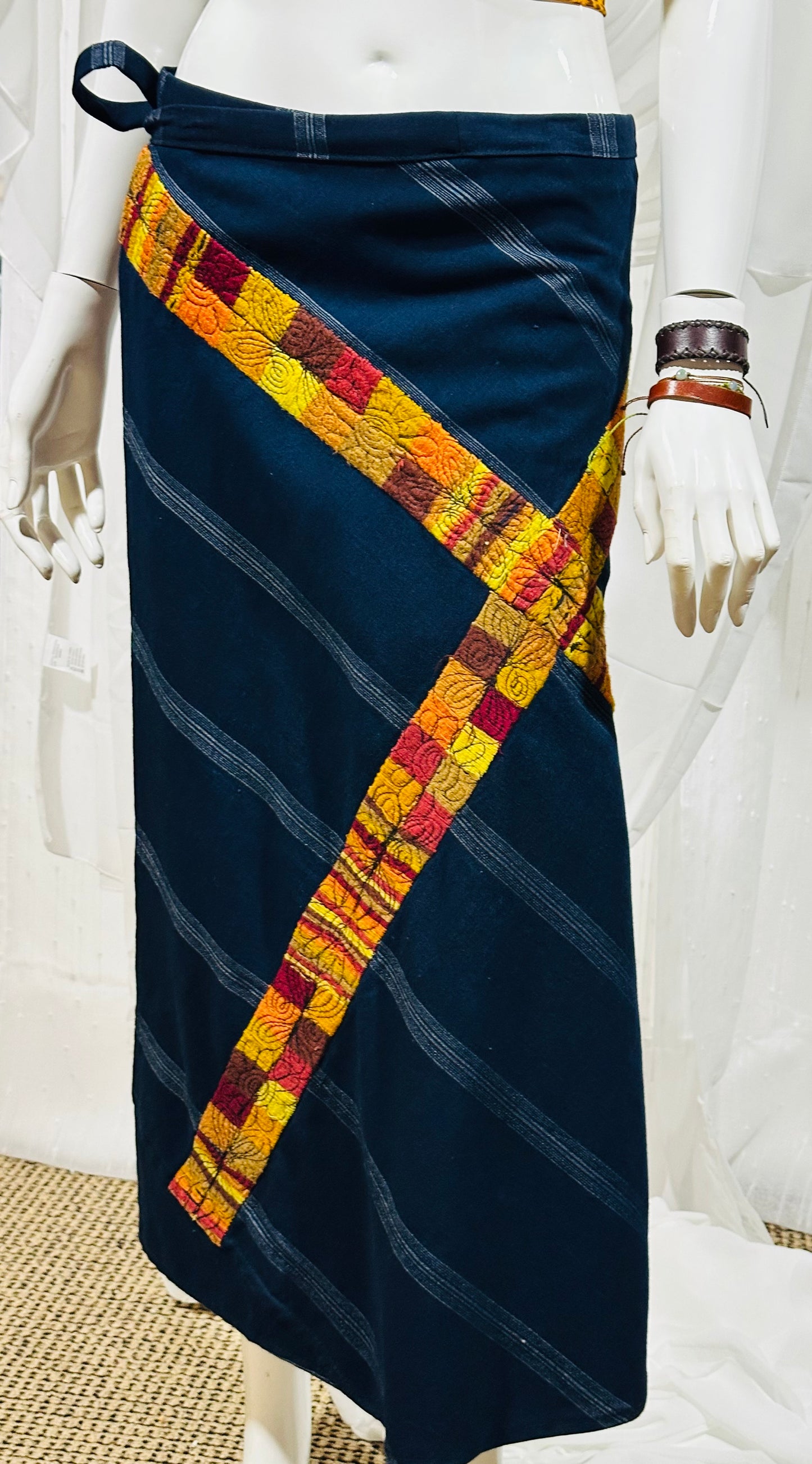 Handwoven Guatemalan Wraparound Skirt | Navy Blue with Golden Multicolor Embroidery
