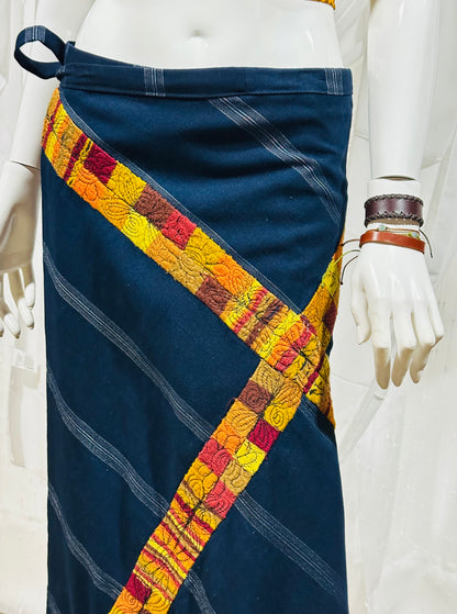 Handwoven Guatemalan Wraparound Skirt | Navy Blue with Golden Multicolor Embroidery