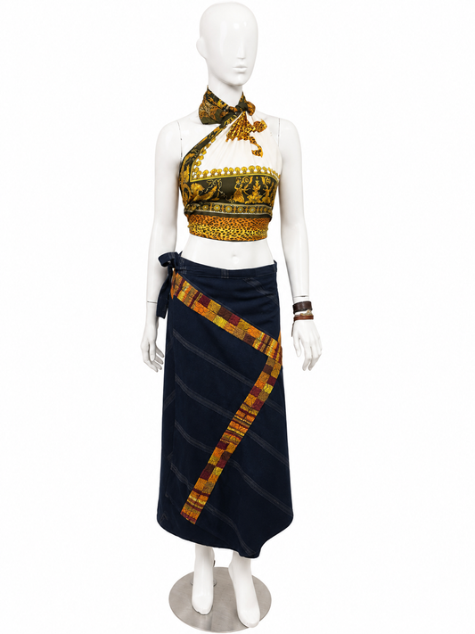Handwoven Guatemalan Wraparound Skirt | Navy Blue with Golden Multicolor Embroidery