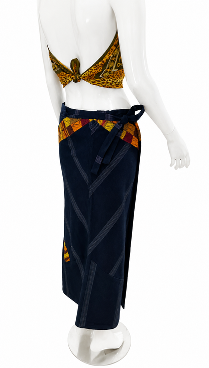 Handwoven Guatemalan Wraparound Skirt | Navy Blue with Golden Multicolor Embroidery