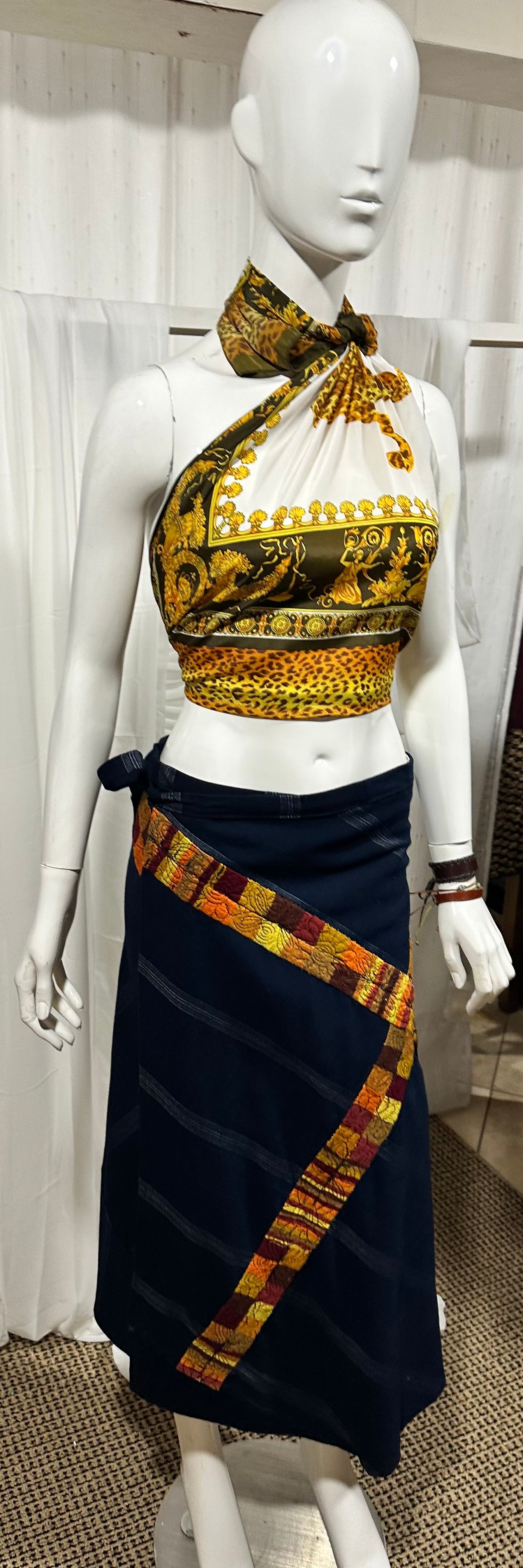 Handwoven Guatemalan Wraparound Skirt | Navy Blue with Golden Multicolor Embroidery