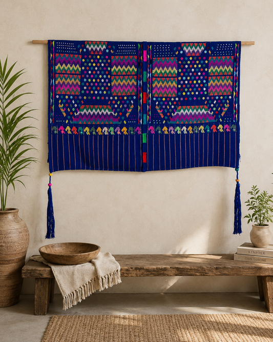 Blue Maya Heritage Wall Tapestry | Handwoven Guatemalan Textile Art