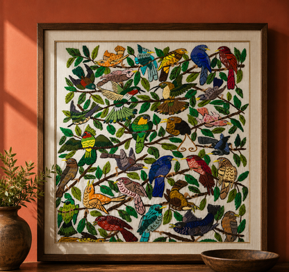 Guatemalan Hand Embroidered Bird Textile Panel