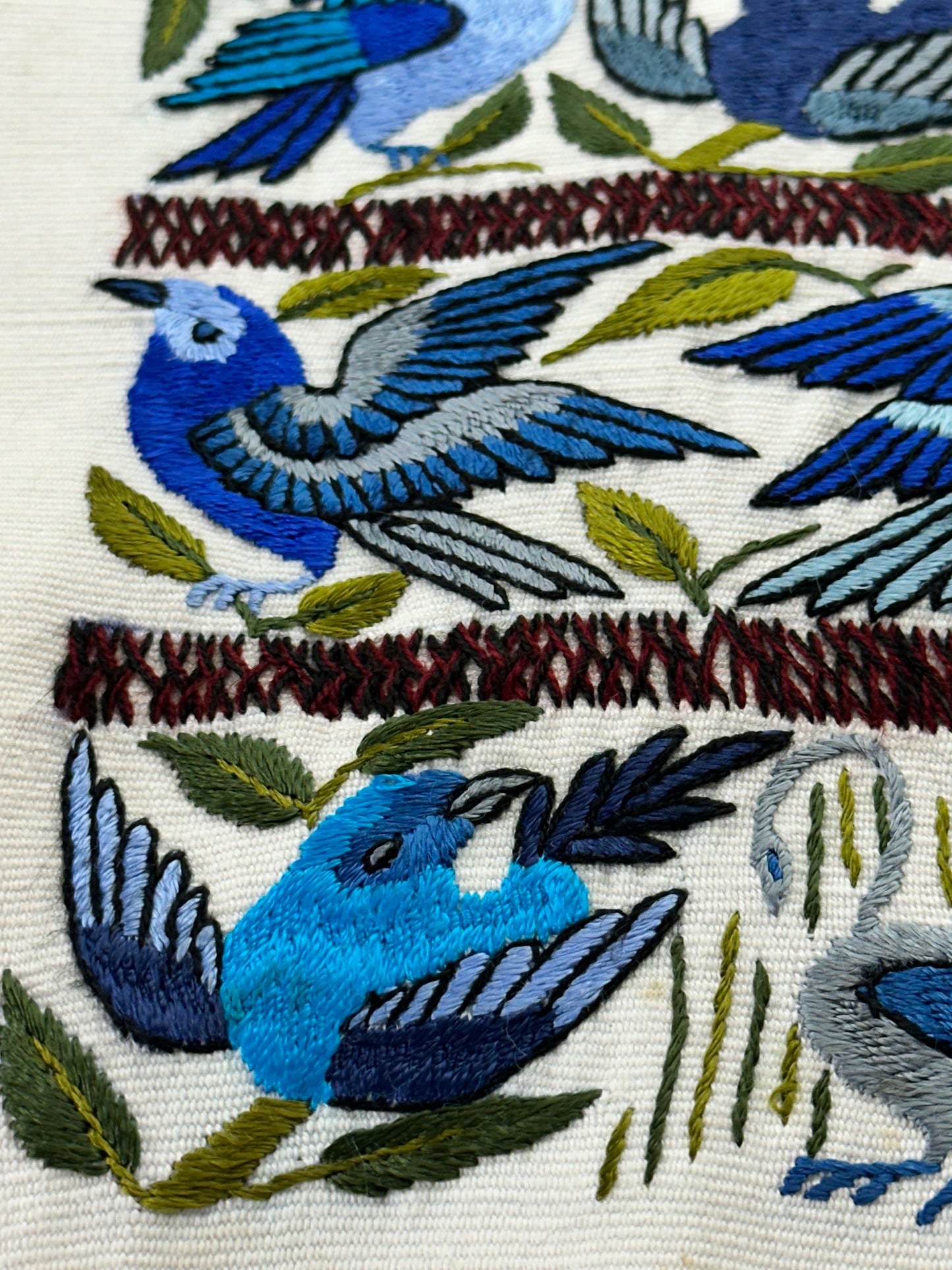 Blue Songbirds Hand Embroidered Textile Panel