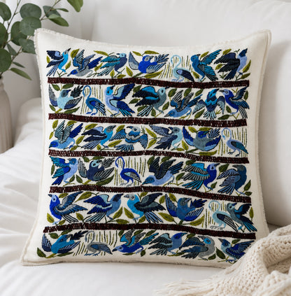 Blue Songbirds Hand Embroidered Textile Panel