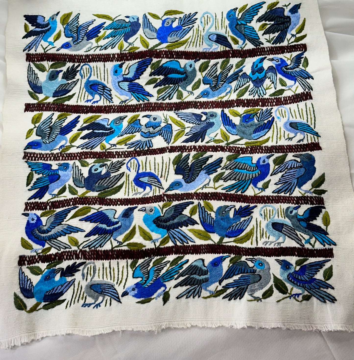 Blue Songbirds Hand Embroidered Textile Panel