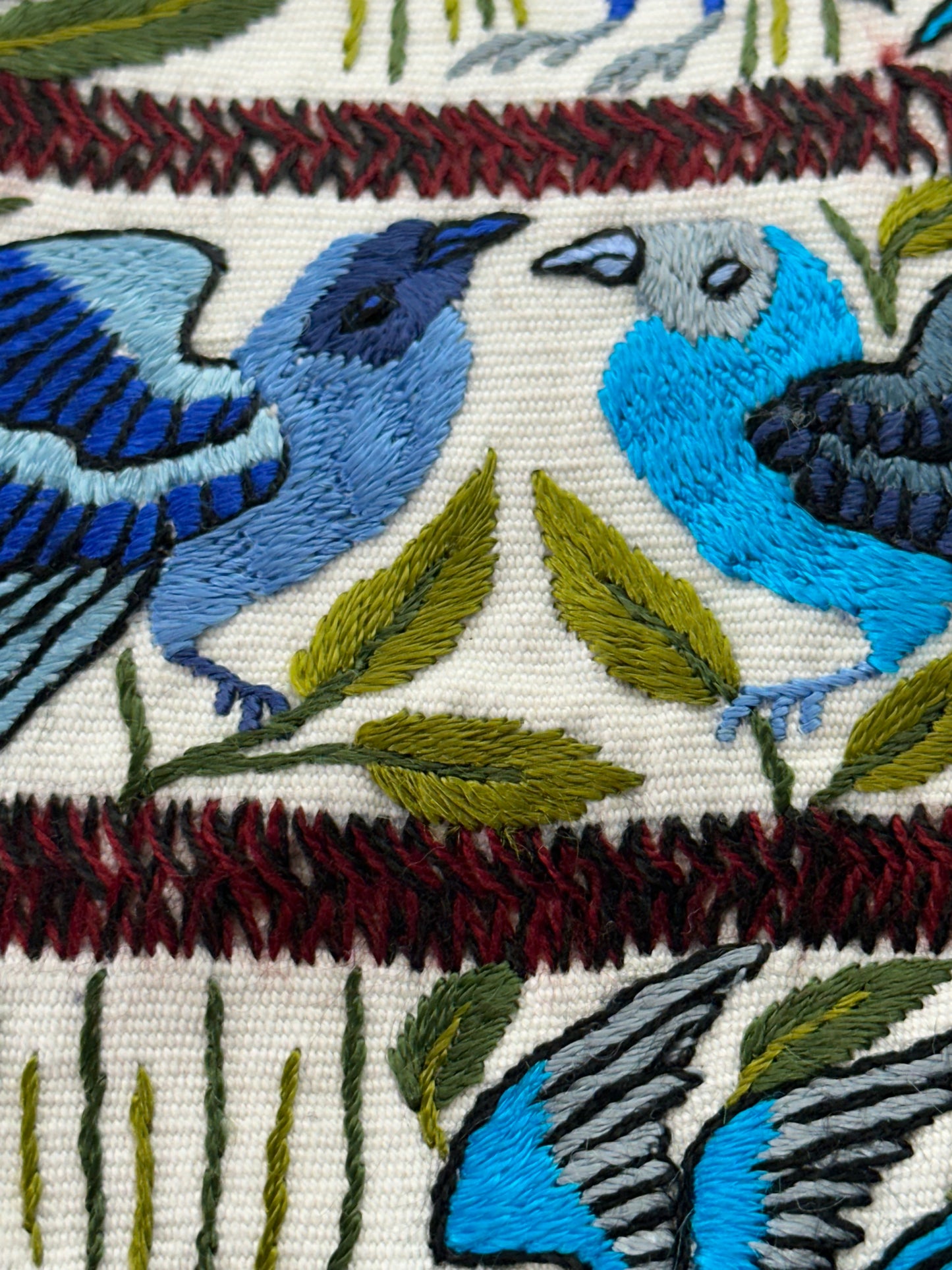 Blue Songbirds Hand Embroidered Textile Panel