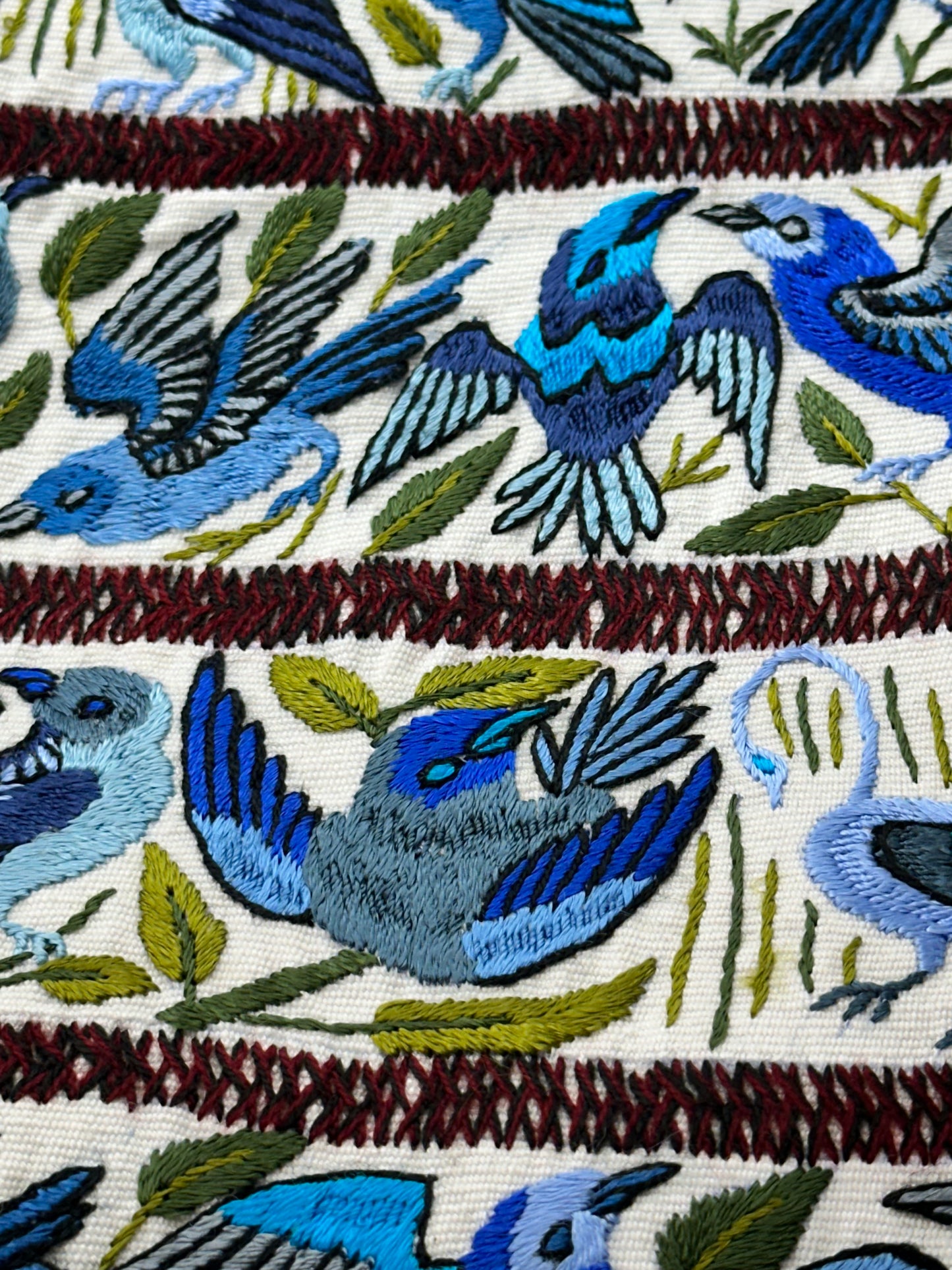 Blue Songbirds Hand Embroidered Textile Panel