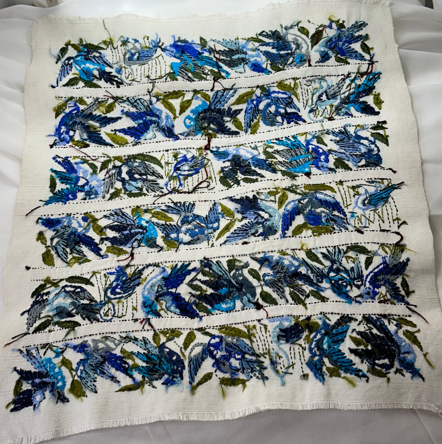 Blue Songbirds Hand Embroidered Textile Panel