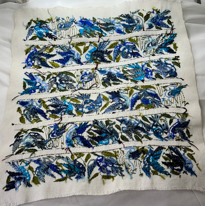 Blue Songbirds Hand Embroidered Textile Panel