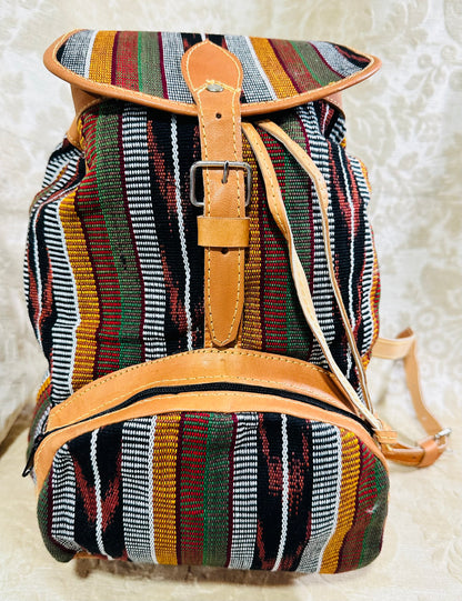 Handcrafted Guatemalan Woven Textile Backpack with Leather Trim